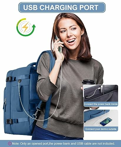 Woman using backpack with USB charging port.