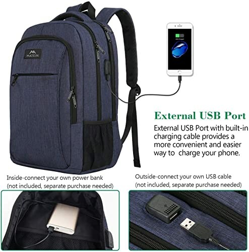 Backpack with external USB port and compartments for power bank and cable.