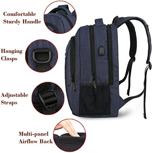 Blue backpack with features labeled: comfortable handle, hanging clasps, adjustable straps, multi-panel airflow back.