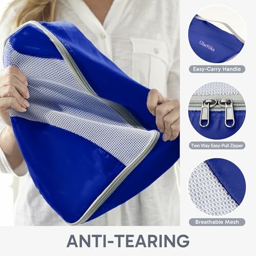 Blue anti-tearing cookware bag with easy-carry handle and mesh design.