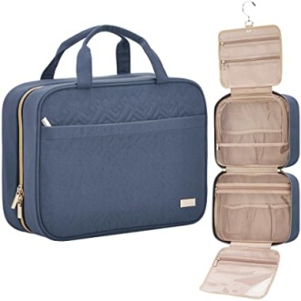 Blue hanging toiletry bag with multiple compartments and a hook.