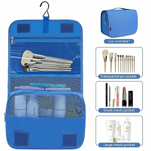 Blue hanging toiletry bag with brushes and cosmetics