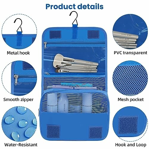 Blue hanging toiletry bag with compartments and features