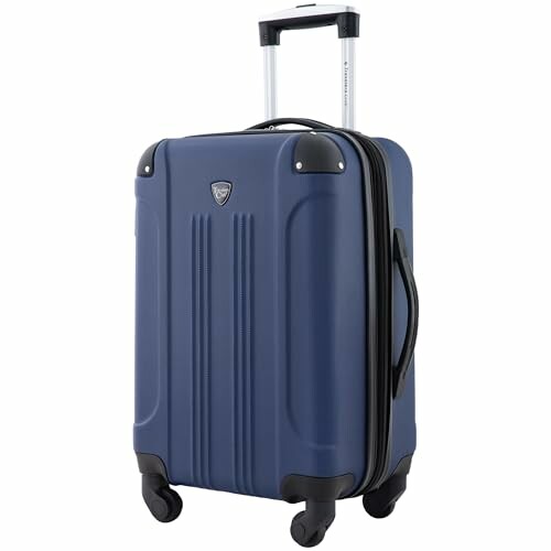 Blue hardshell carry-on suitcase with wheels and telescopic handle.