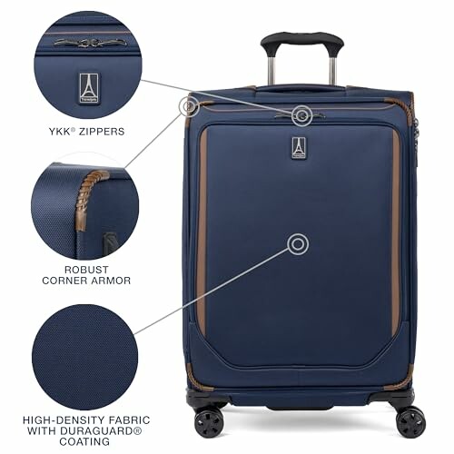 Blue suitcase with YKK zippers, robust corner armor, and high-density fabric.