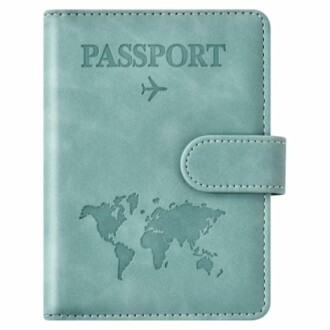 Blue passport holder with world map design