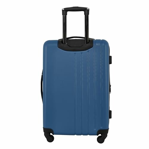 Blue rolling suitcase with handle extended