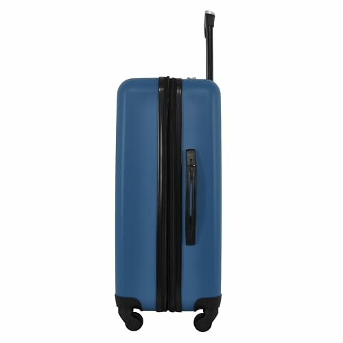 Side view of a blue suitcase with wheels and a retractable handle.