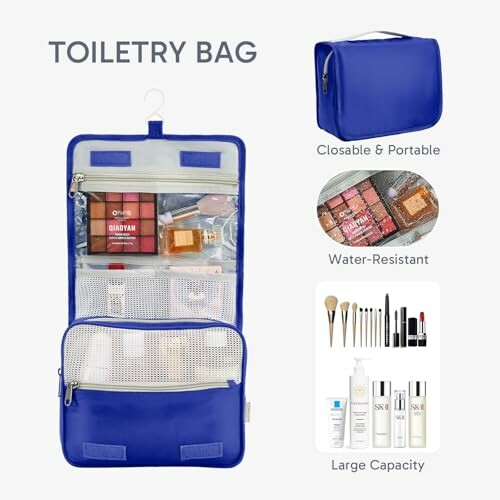 Blue toiletry bag with multiple compartments and cosmetics.