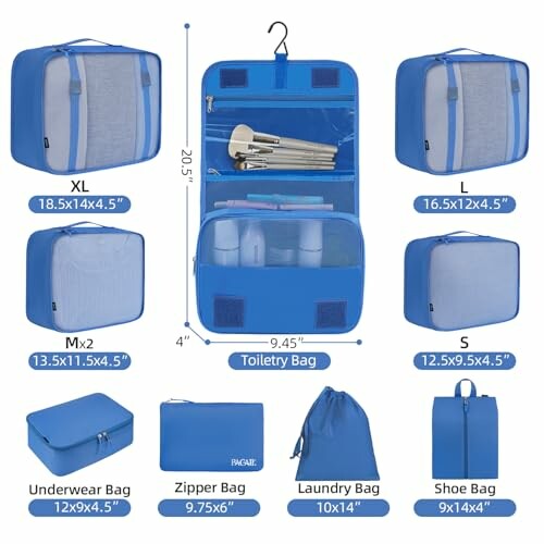 Blue travel organizer set with various bag sizes and a toiletry bag.