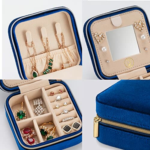 Blue velvet jewelry box with compartments for earrings, necklaces, and rings.