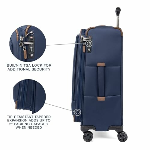 Side view of expandable blue luggage with built-in TSA lock and wheels.