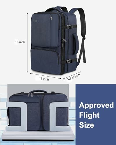 Expandable travel backpack with dimensions and flight size approval.