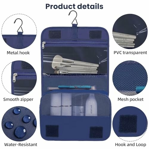 Blue hanging toiletry bag with compartments and accessories.