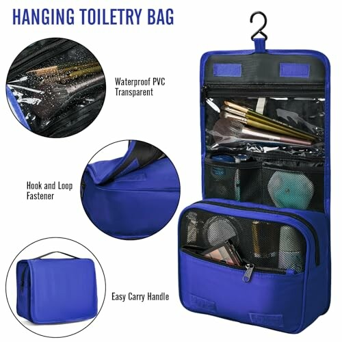 Blue hanging toiletry bag with compartments and hook