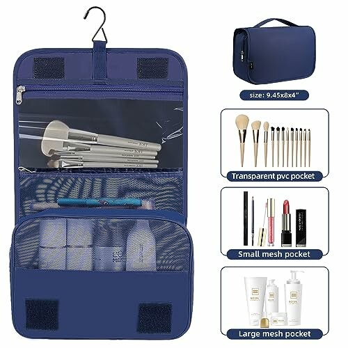 Blue hanging toiletry bag with multiple compartments and brushes.