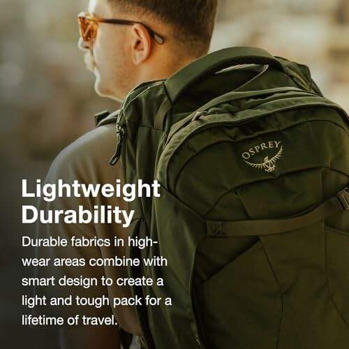 Man wearing a green Osprey backpack with text about lightweight durability.