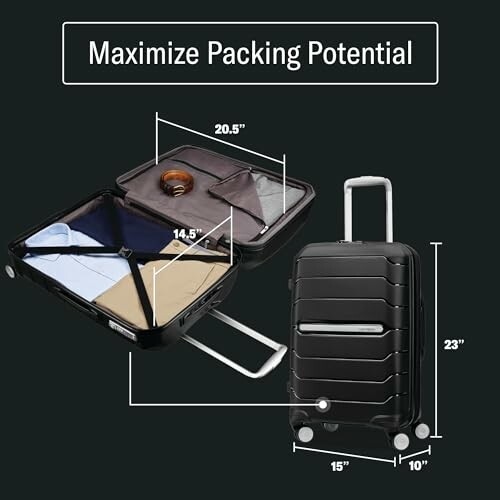 Open and closed suitcase with dimensions and organization compartments.