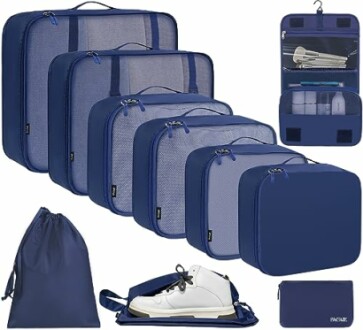 Navy blue packing cube set with various sizes and storage bags.