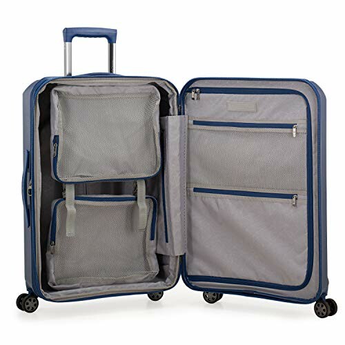 Open blue suitcase with empty compartments