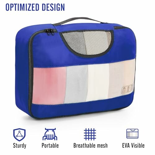 Blue packing cube with breathable mesh and optimized design features