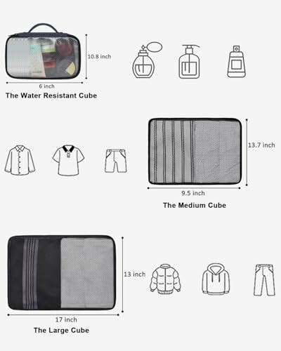 Illustration of three packing cubes with dimensions and icons for clothing and toiletries.