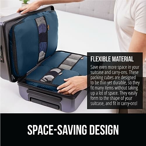 Person organizing packing cubes in a suitcase with text highlighting space-saving design.