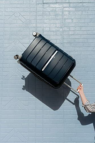 Person holding a black suitcase against a blue wall