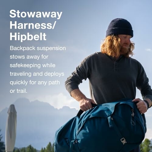 Person with a backpack and text about stowaway harness hipbelt