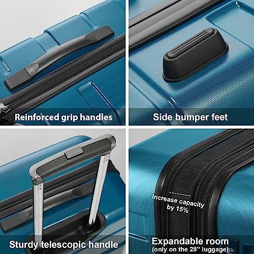 Suitcase with grip handles, bumper feet, telescopic handle, and expandable room.