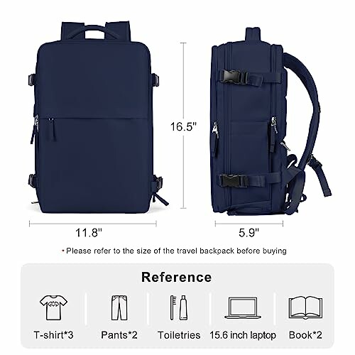 Navy blue travel backpack with dimensions and packing reference.