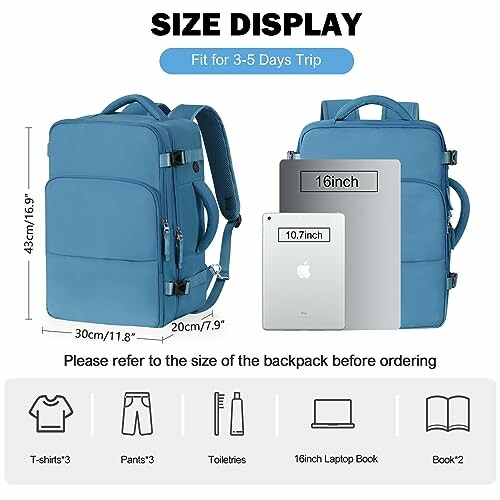 Blue backpack size display with dimensions and capacity for 3-5 days trip.