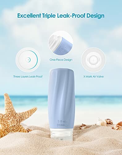 Travel bottle with triple leak-proof design on sandy beach.