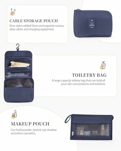 Various travel organizer pouches for cables, toiletries, and makeup.