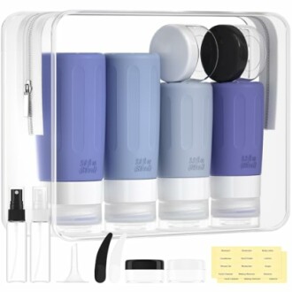 Travel toiletry bottles set with containers and labels