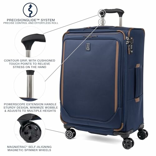 Travelpro suitcase with precision glide system, contour grip, PowerScope extension handle, and MagnaTrac spinner wheels.