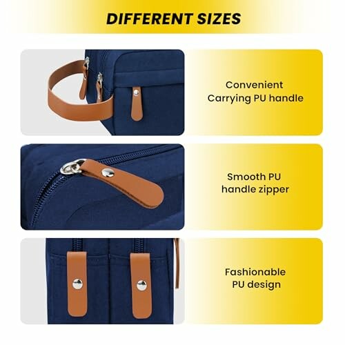 Bag with different sizes showing PU handle and zipper details.