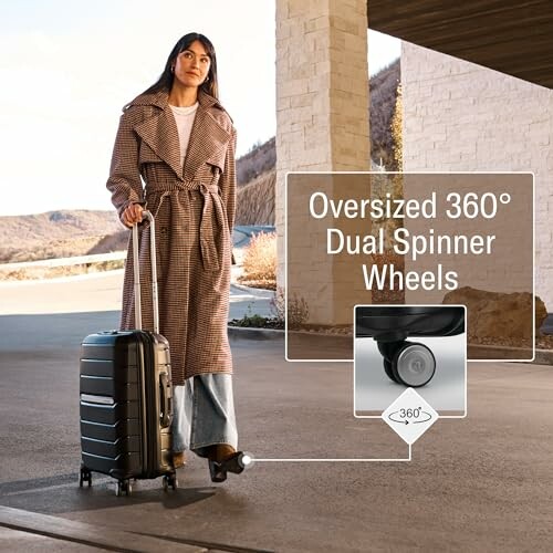 Woman with luggage featuring oversized 360-degree dual spinner wheels.