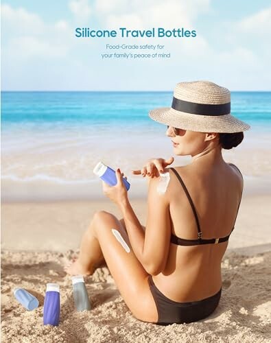 Woman on beach applying lotion with silicone travel bottles.